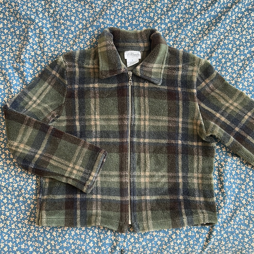 Willi Smith Collection plaid fleece, zip up green, size large L